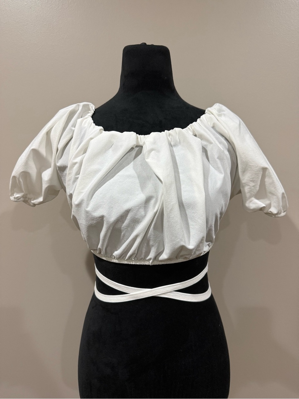 ZARA White Puff Sleeve Midriff Wrap Cropped Top Size Medium